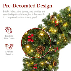 Pre-Lit Artificial Christmas Wreath w/Berries & Pinecones, Red Bow, Lights