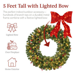 Pre-Lit Artificial Christmas Wreath w/Berries & Pinecones, Red Bow, Lights
