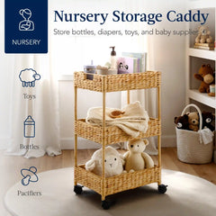 3-Tier Water Hyacinth Rolling Utility Cart w/ Weaved Baskets