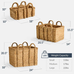 3Pc Shelf Baskets, Small, Large & XL Chunky Woven Baskets w/ Braided Handles