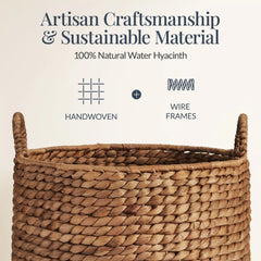 Round Storage Basket w/ Handles, Handwoven Water Hyacinth Tote