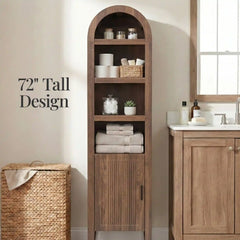 72" Tall Narrow Arched Pantry Cabinet w/ Door, 4-Tier Storage Cabinet