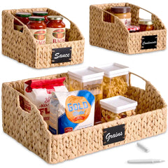 Water Hyacinth Pantry Storage Baskets, Wicker Baskets w/ Built-in Handles