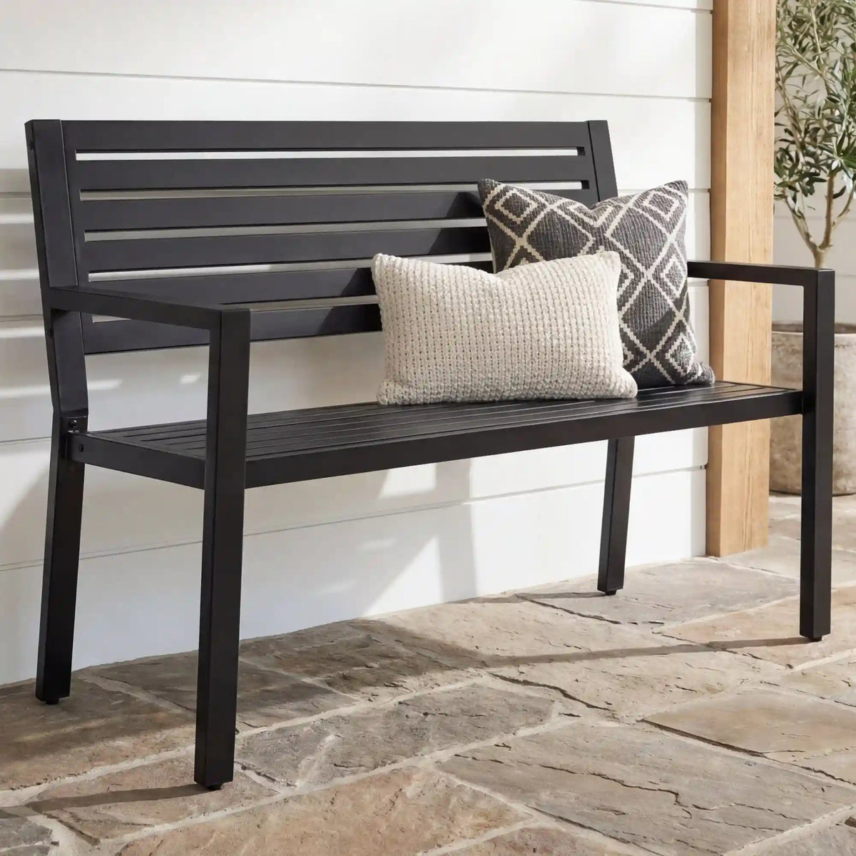 Outdoor Metal Patio Garden Bench, 790lb Capacity, Steel Slatted Seat