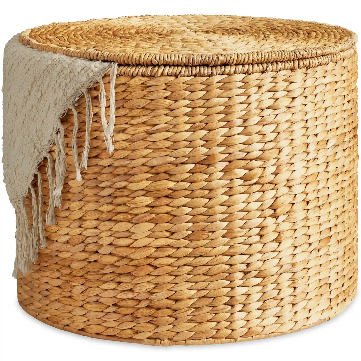 Large Round Storage Ottoman W/ Lid, Handwoven Water Hyacinth Footstool