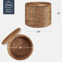 Large Round Storage Ottoman W/ Lid, Handwoven Water Hyacinth Footstool