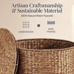 Large Round Storage Ottoman W/ Lid, Handwoven Water Hyacinth Footstool