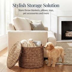 Large Round Storage Ottoman W/ Lid, Handwoven Water Hyacinth Footstool