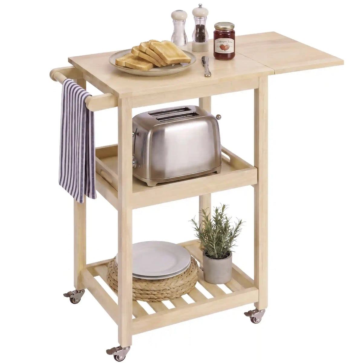 Rolling Kitchen Island Cart w/ Drop Leaf Extension, Solid Wood