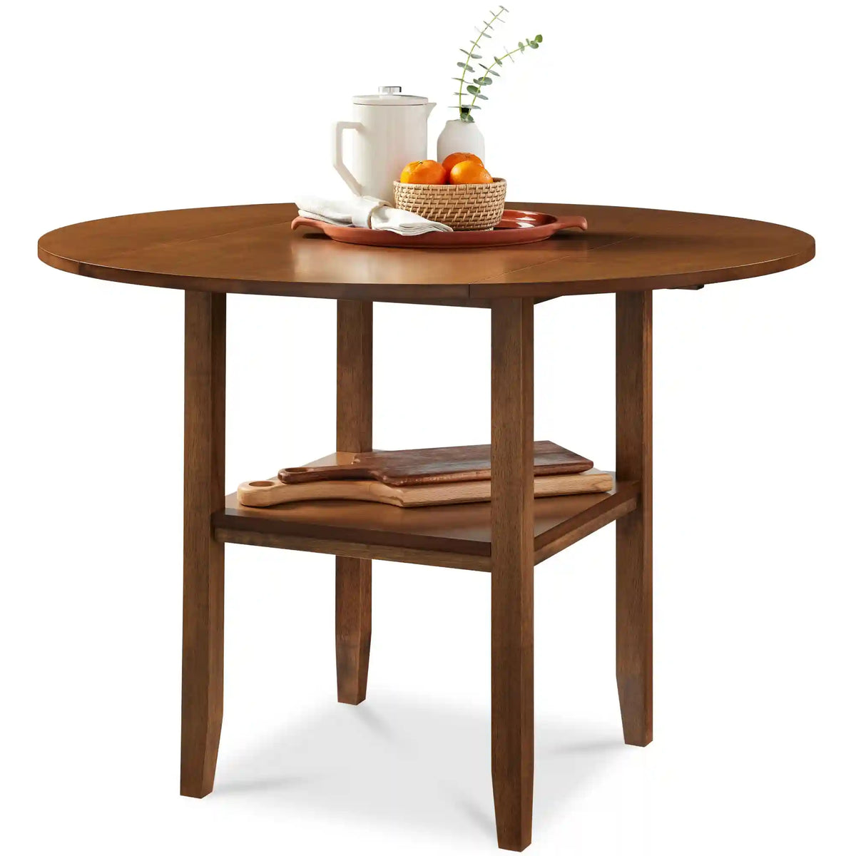42" Round Drop Leaf Dining Table For 4, Solid Wood Table W/ Storage Shelf