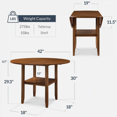 42" Round Drop Leaf Dining Table For 4, Solid Wood Table W/ Storage Shelf