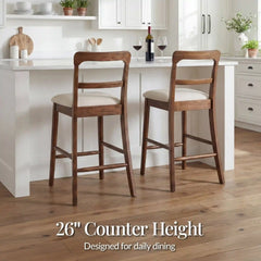 26" Counter-Height Farmhouse Wood Stools  w/ Cushion & Backrest, Set of 2