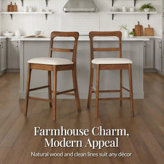 26" Counter-Height Farmhouse Wood Stools  w/ Cushion & Backrest, Set of 2