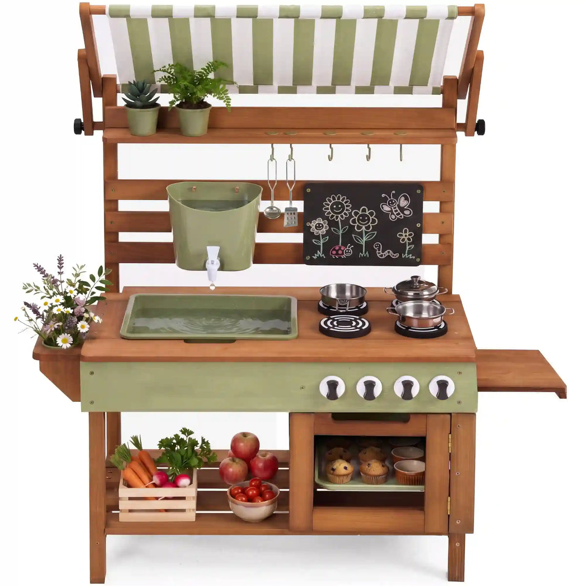 Deluxe Wooden Outdoor Mud Kitchen w/ Canopy, Sink, Faucet & 14pc Accessories