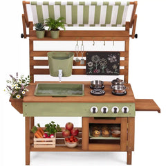Deluxe Wooden Outdoor Mud Kitchen w/ Canopy, Sink, Faucet & 14pc Accessories
