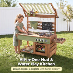 Deluxe Wooden Outdoor Mud Kitchen w/ Canopy, Sink, Faucet & 14pc Accessories
