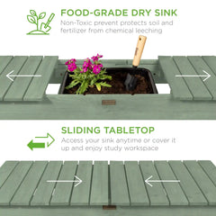 Wood Garden Potting Bench w/ Sliding Tabletop, Food Grade Dry Sink, Wheels