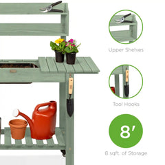 Wood Garden Potting Bench w/ Sliding Tabletop, Food Grade Dry Sink, Wheels