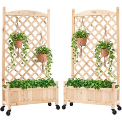Set of 2 Wood Planter Box & Lattice Trellis w/ Optional Wheels - 48in