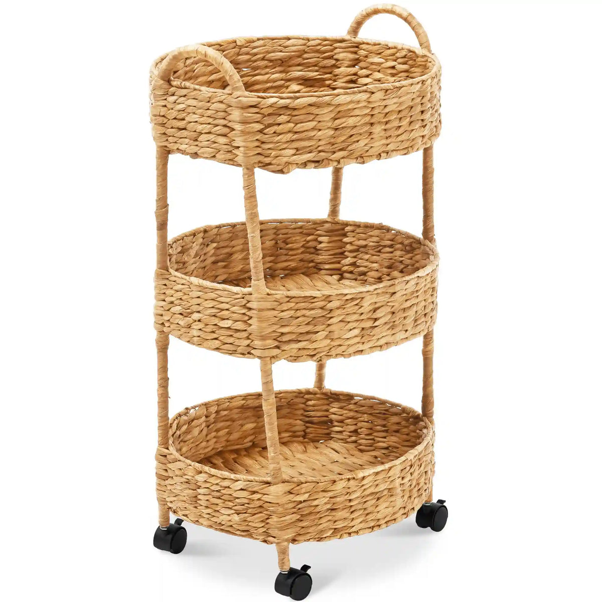 3-Tier Round Rolling Nursery Caddy w/Wheels, Handwoven Utility Cart