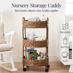 3-Tier Round Rolling Nursery Caddy w/Wheels, Handwoven Utility Cart