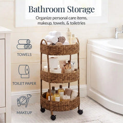 3-Tier Round Rolling Nursery Caddy w/Wheels, Handwoven Utility Cart