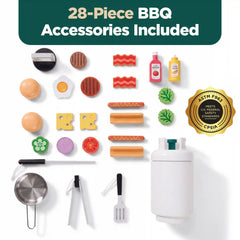 Kids Wooden BBQ Grill Playset, Pretend Kitchen Toy w/ 28 Accessories