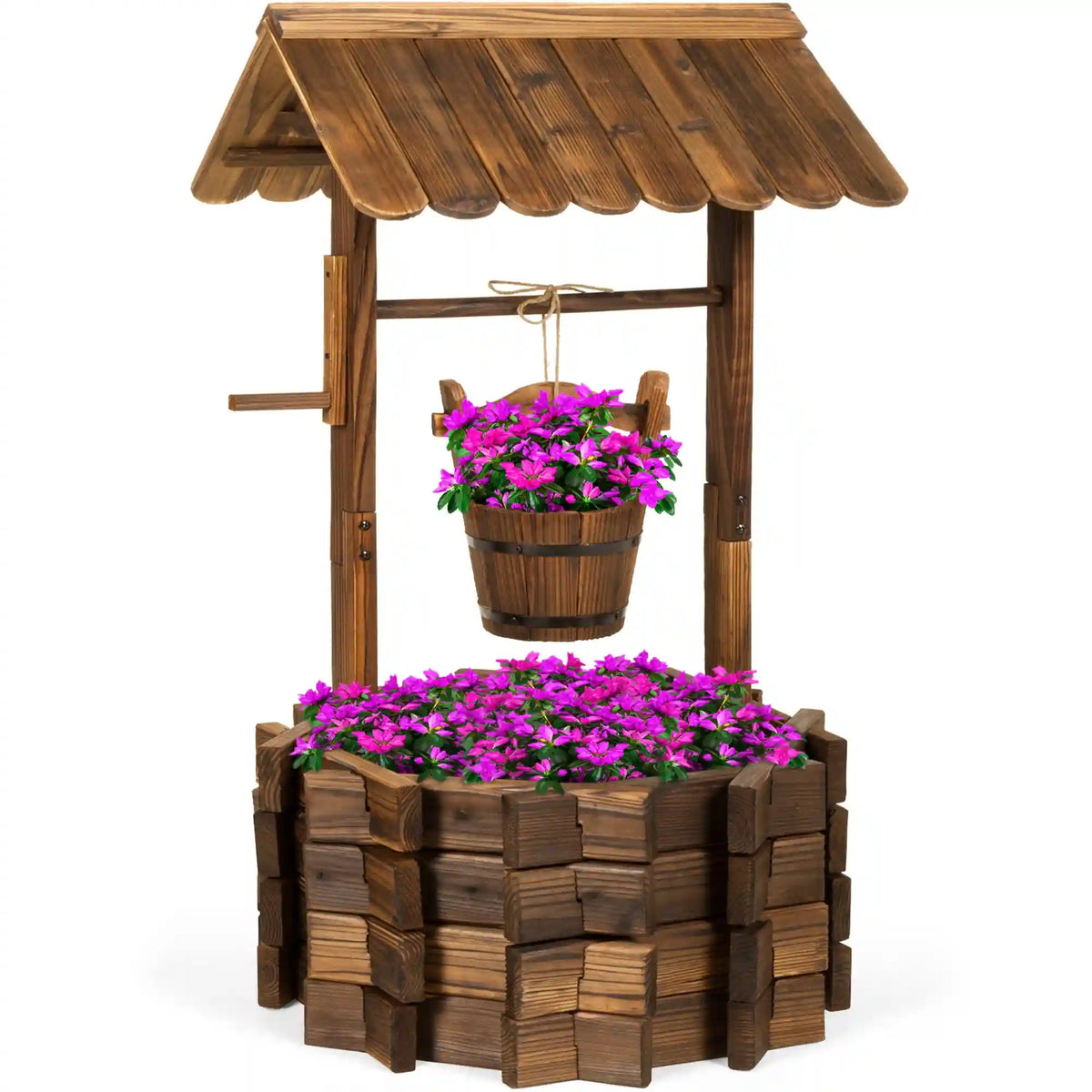 21.5" Rustic Wooden Wishing Well Planter Yard Decoration w/ Hanging Bucket