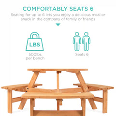 6-Person Circular Wooden Picnic Table w/ Umbrella Hole, 3 Benches