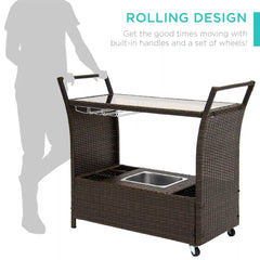 Wicker Serving Bar Cart w/ Wheels, Glass Counter, Ice Bucket