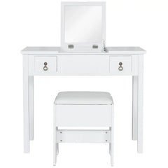 Bathroom Vanity Table Set w/ Square Mirror, Stool