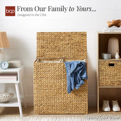 Large Water Hyacinth Double Laundry Hamper Basket w/ 2 Liner Bags