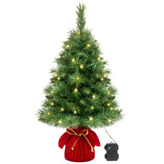 Pre-Lit Tabletop Christmas Tree w/ Red Velvet Cover & Gold Cord