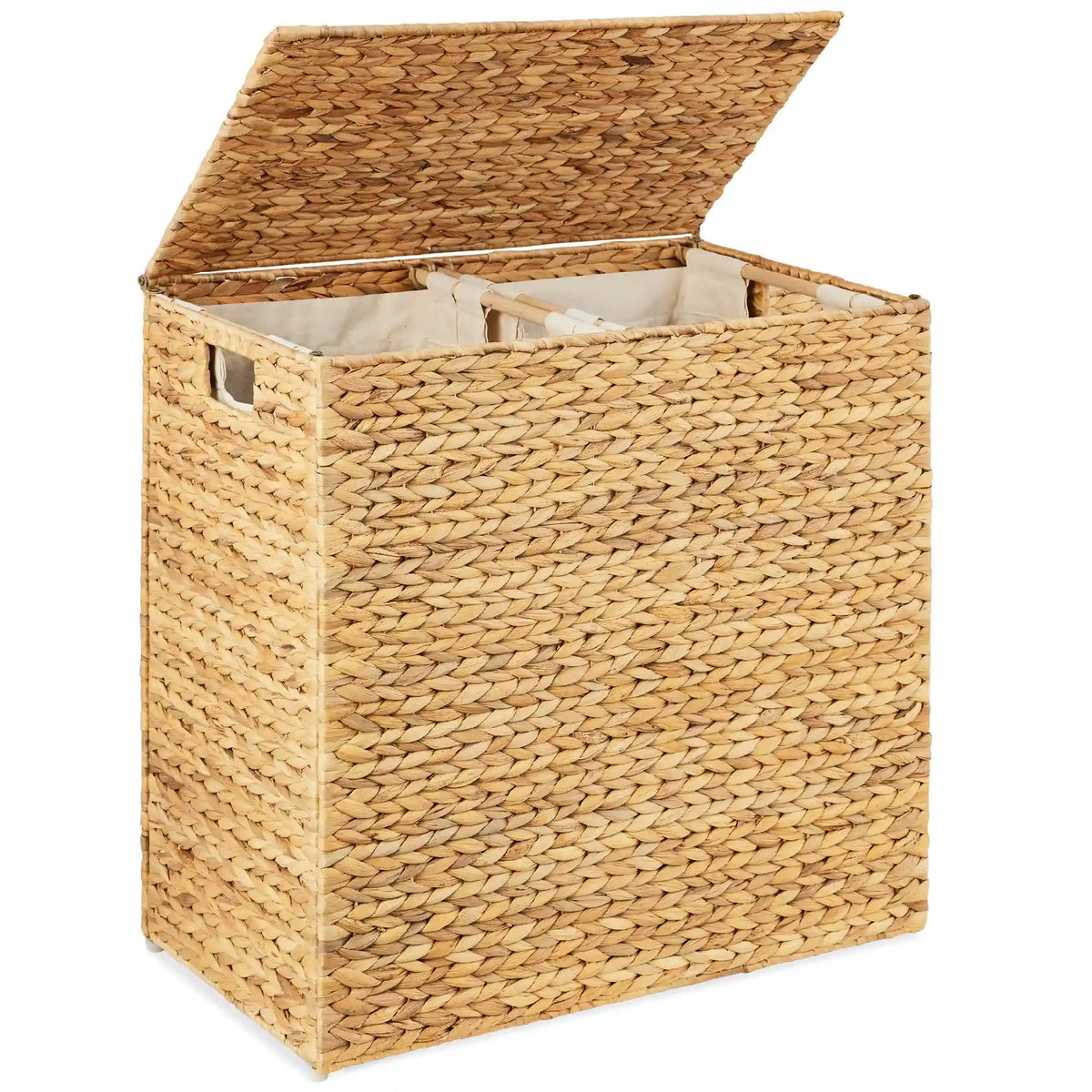 Large Water Hyacinth Double Laundry Hamper Basket w/ 2 Liner Bags