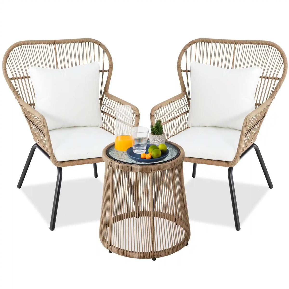 3-Piece Patio Wicker Conversation Bistro Set w/ 2 Chairs, Glass Top Table