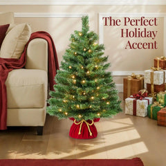 Pre-Lit Tabletop Christmas Tree w/ Red Velvet Cover & Gold Cord