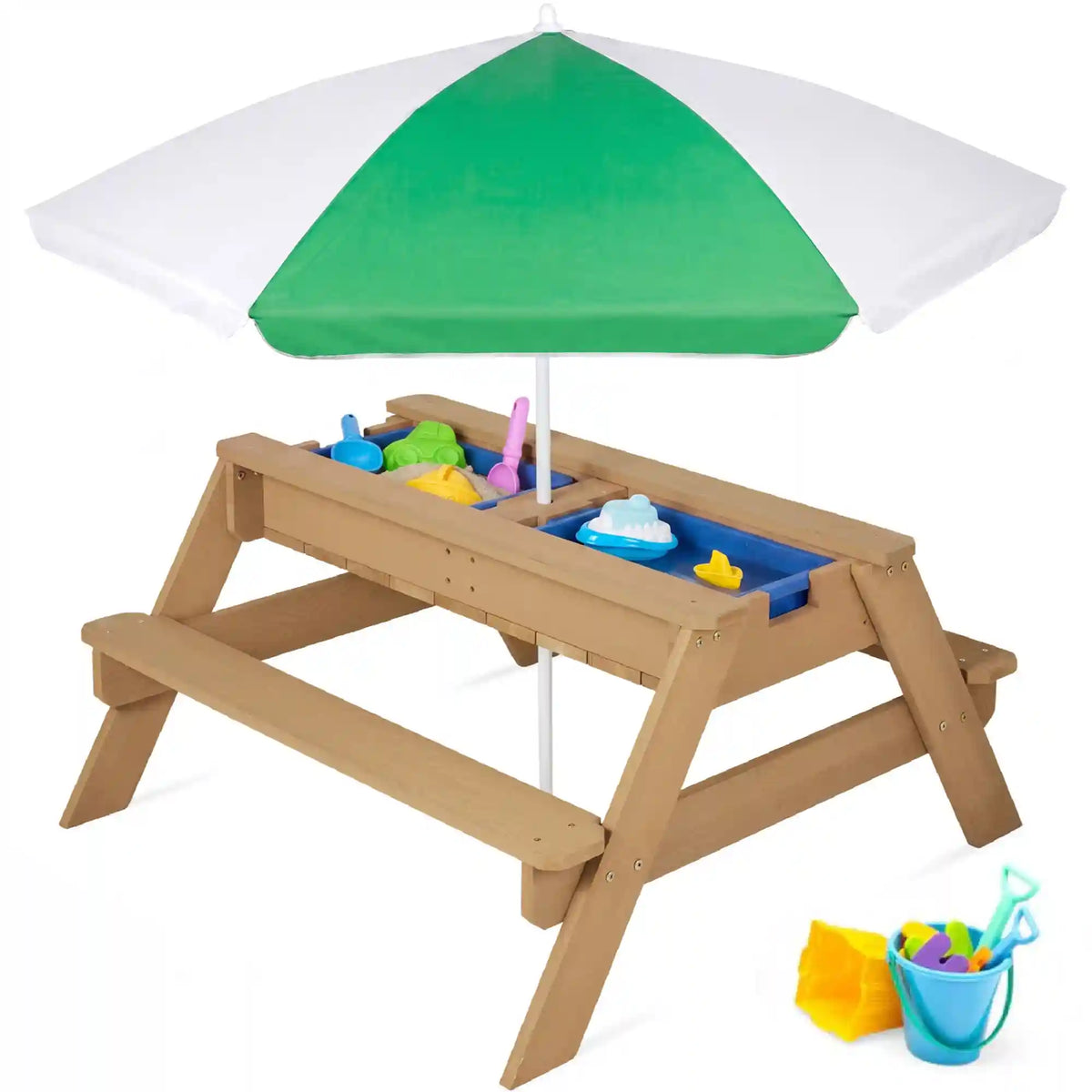 3-in-1 Kids Sand & Water Table Outdoor Wood Picnic Table w/ Umbrella