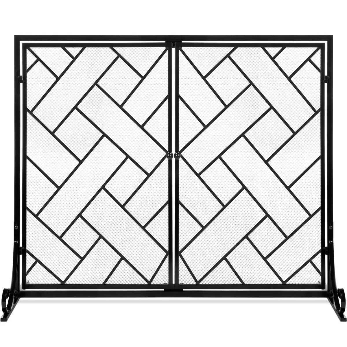 2-Panel Wrought Iron Geometric Fireplace Screen w/ Magnetic Doors - 44x33in