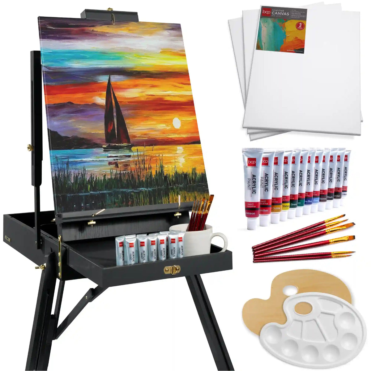 Art Easel for Painting, Portable Adjustable Tripod with 32-Piece Art Set