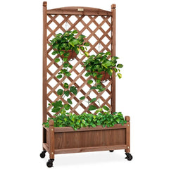 Wood Planter Box & Lattice Trellis w/ Drainage, Optional Wheels
