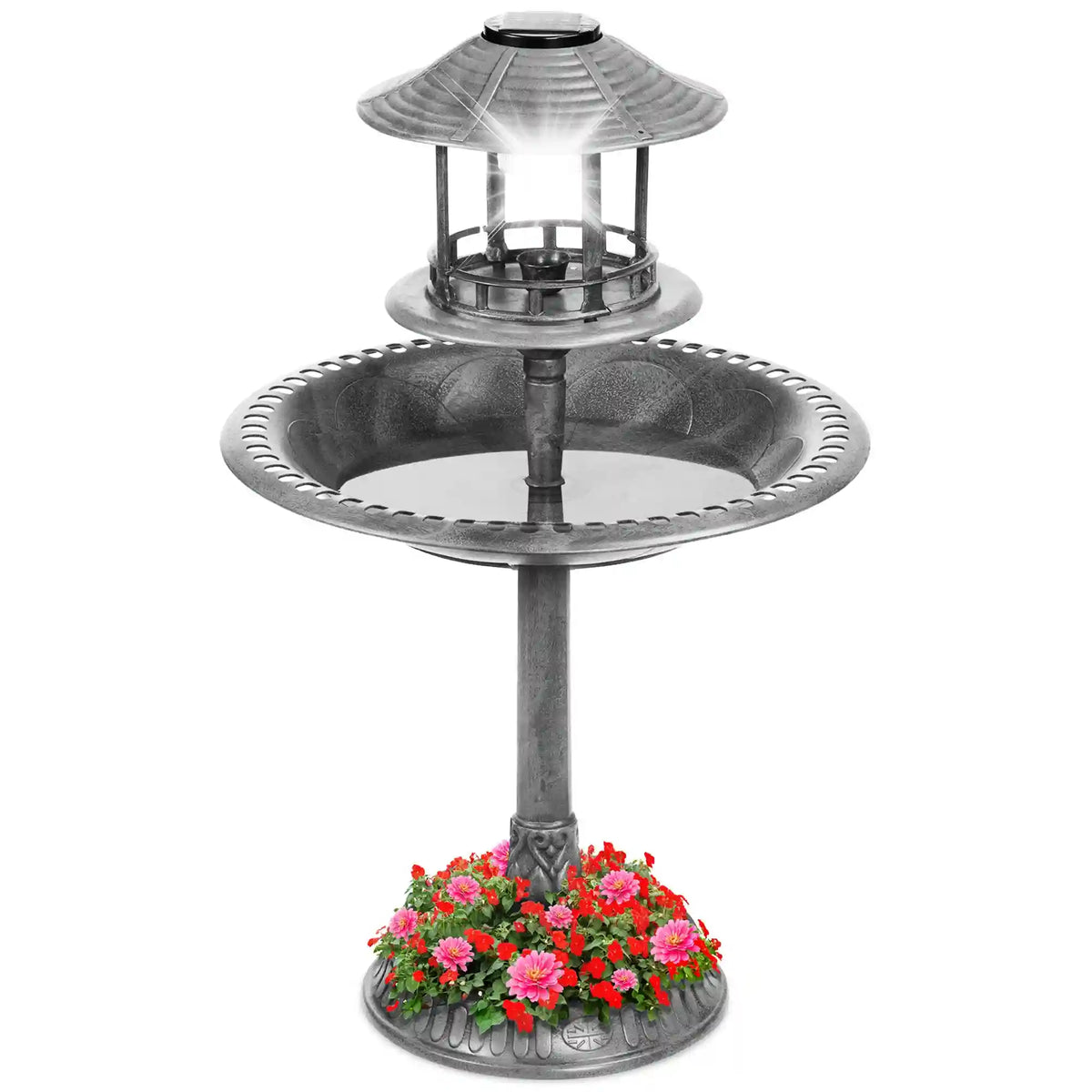 Solar Lighted Outdoor Pedestal Bird Bath w/ Planter, Decorative Bird Cage