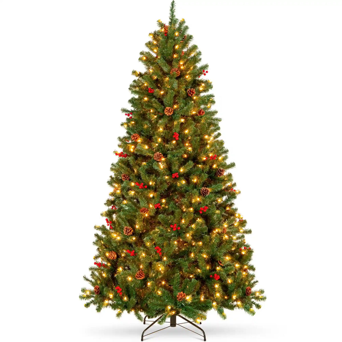 Pre-Lit Pre-Decorated Spruce Christmas Tree w/ Pine Cones, Berries