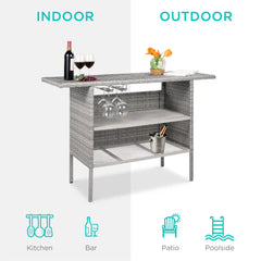Outdoor Wicker Bar Counter Table w/ 2 Steel Shelves, 2 Rails