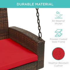 Woven Wicker Hanging Porch Swing Bench w/ Mounting Chains, Seat Cushion