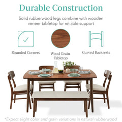 6-Piece Mid-Century Modern Upholstered Wooden Dining Set w/ 4 Chairs, Bench