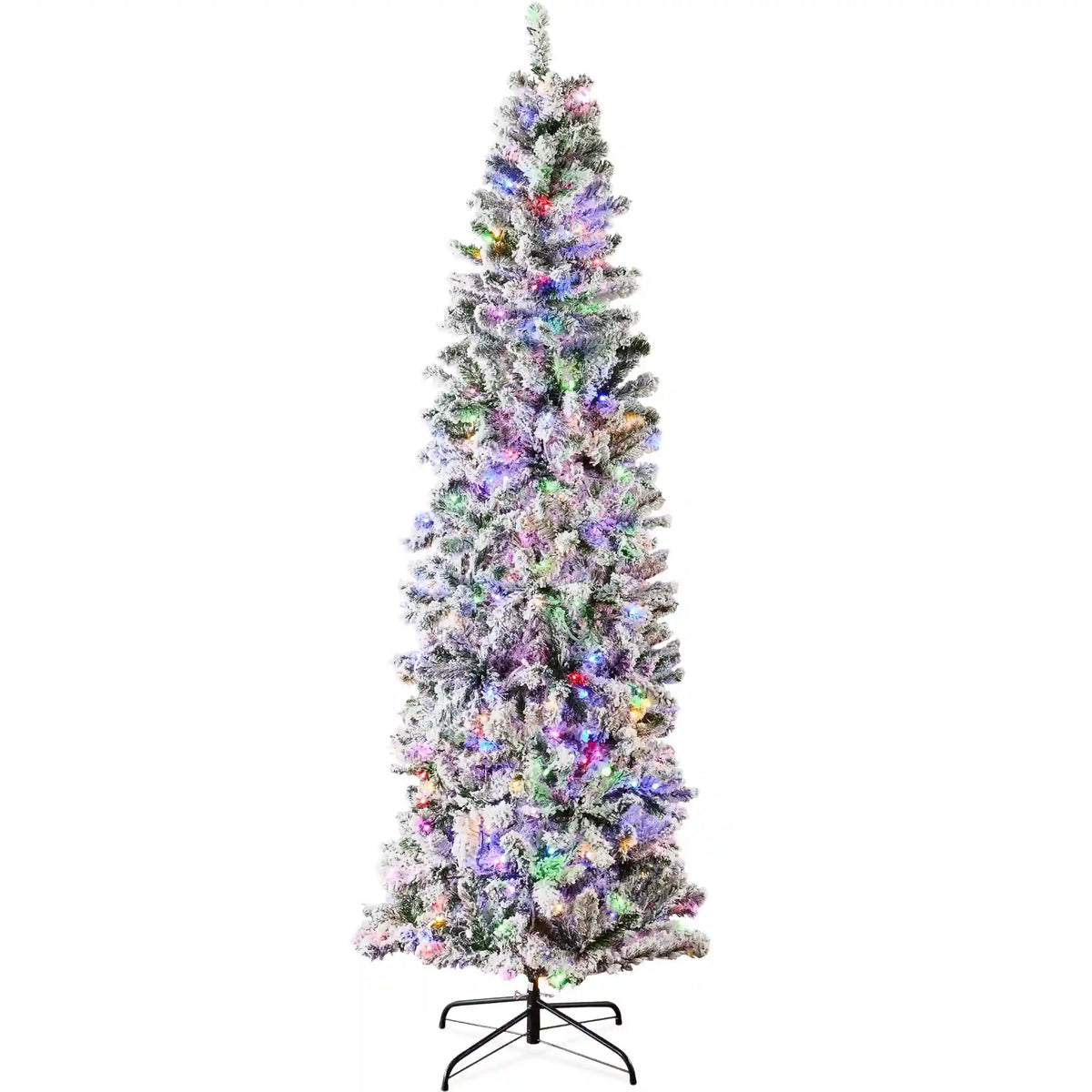 Pre-Lit Snow Flocked Artificial Pencil Christmas Tree w/ Multicolor Lights