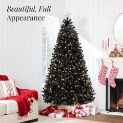 Pre-Lit Artificial Black Christmas Tree w/ Incandescent Lights, Metal Stand