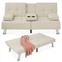 Linen Upholstered Convertible Sofa Bed Futon w/ 2 Cupholders