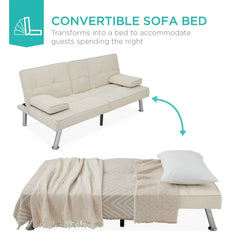 Linen Upholstered Convertible Sofa Bed Futon w/ 2 Cupholders