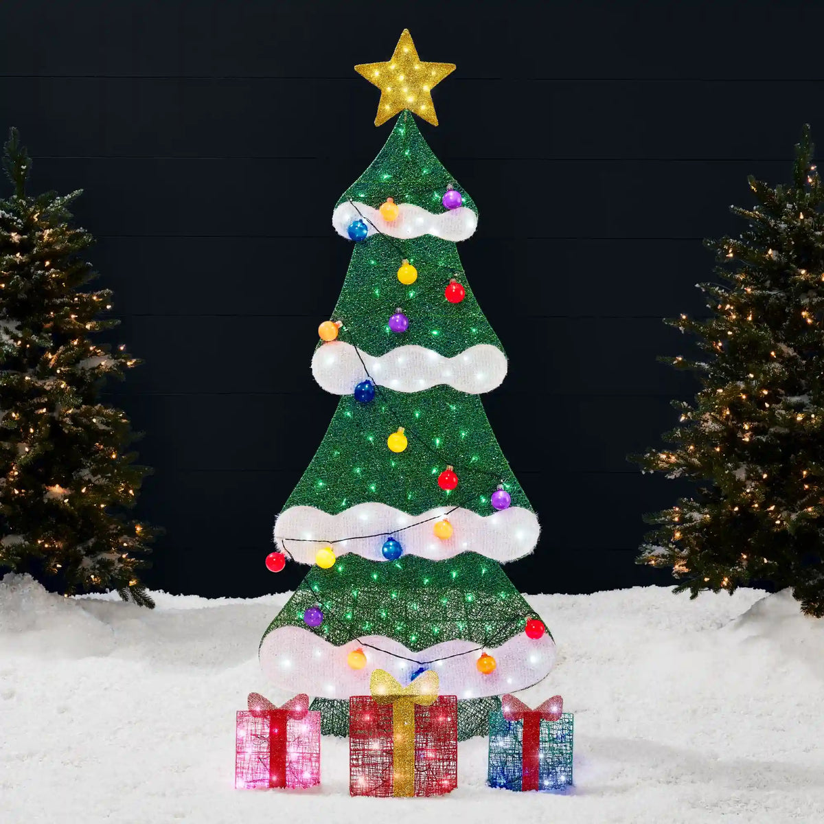 6ft Lighted 2D Christmas Tree Outdoor Decor w/ 170 LED Lights, 3 Gift Boxes